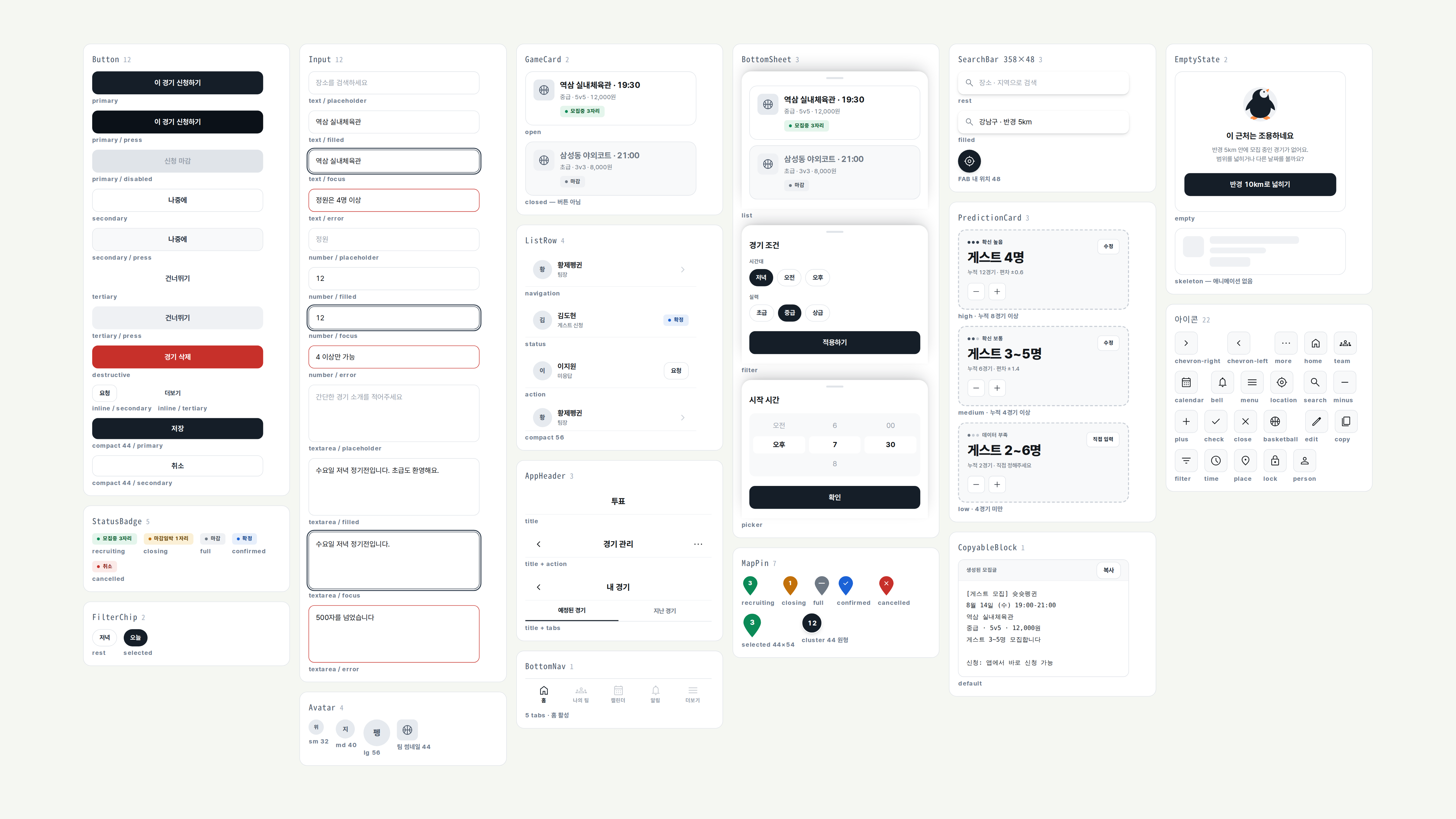 The component set: shared parts such as buttons, filters and badges alongside the map pin and prediction card built for this service
