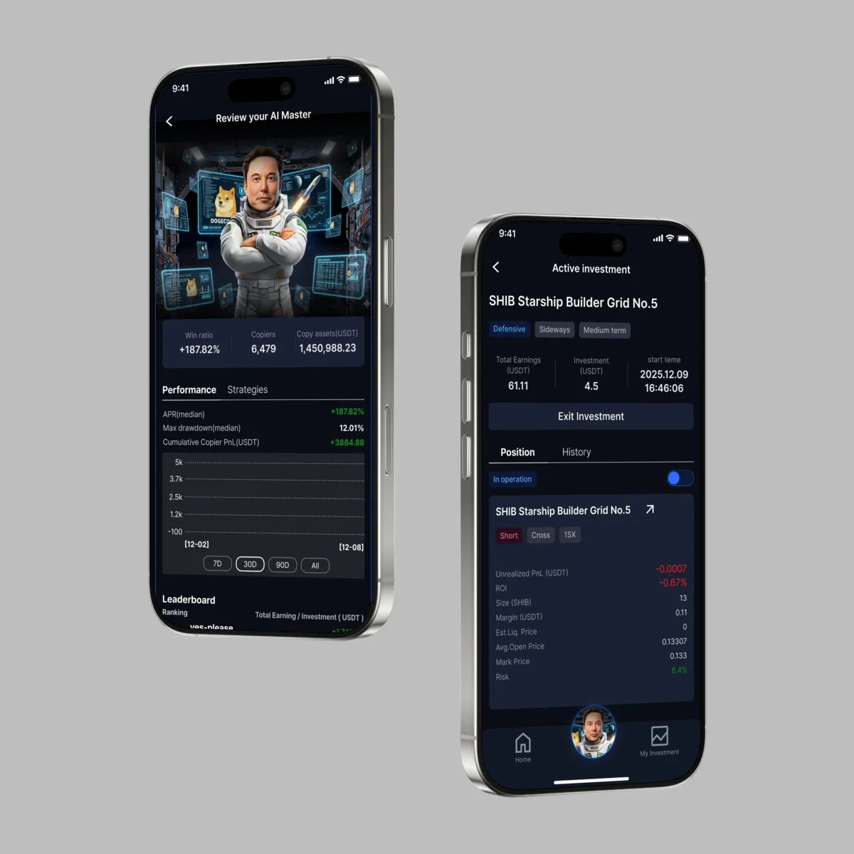 BingX AI Master &mdash; the AI Master review screen and an active investment, shown on two phones